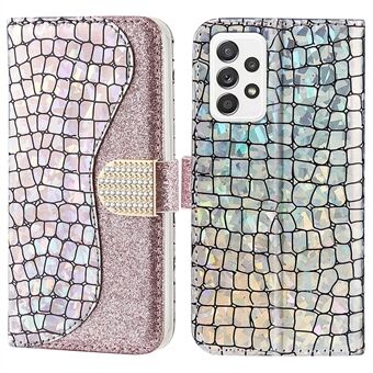 Anti-drop splicing krokodil textuur glitterpoeder schokbestendig TPU + PU lederen Stand portemonnee-hoes voor Samsung Galaxy A53 5G