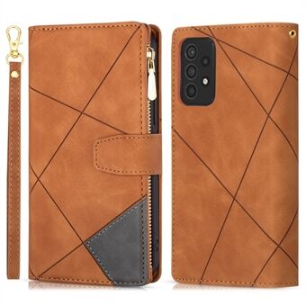 Voor Samsung Galaxy A53 5G Kleur Splicing Stand Wallet Leather Cover Imprinting Lijnen Telefoon Case Protector met Ritsvak