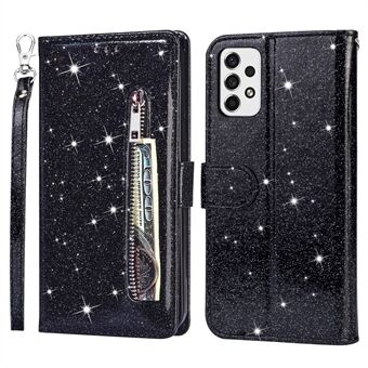 Voor Samsung Galaxy A53 5G glitter pailletten PU-leer + TPU volledige bescherming Stand portemonnee-hoes met ritsvak en handriem