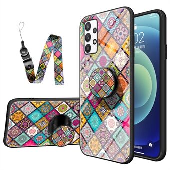 Voor Samsung Galaxy A53 5G Kickstand Gehard Glas + PC + TPU Stijlvol Patroon Mobiele Telefoon Case Shell met Lanyard