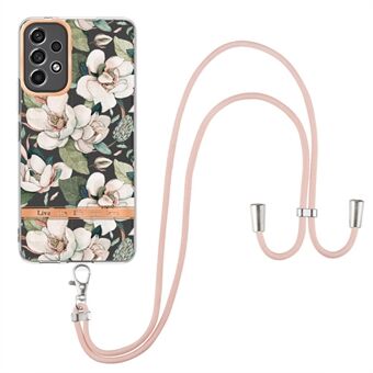 YB IMD-9-serie bloemenpatroon galvaniseren TPU-hoes voor Samsung Galaxy A53 5G, IMD IML anti- Scratch telefoonhoes met lanyard