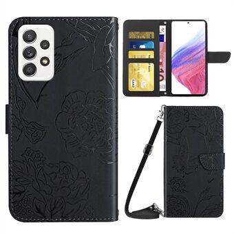 Voor Samsung Galaxy A53 5G Vlinder Bloemen Opdruk PU Lederen Telefoon Shell, Patroon Opdruk Ontwerp Handsfree Stand Portemonnee Hoesje met Schouderriem