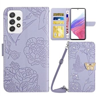 Voor Samsung Galaxy A53 5G Schokbestendig Telefoonhoesje Vlinder Bloemen Bedrukt Strass Decor Telefoon Portemonnee Cover Stand met schouderriem