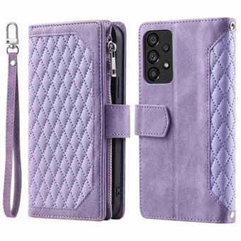 005-stijl telefoonbeschermhoes voor Samsung Galaxy A53 5G, Rhombus PU-lederen ritsvak Stand portemonnee-hoes met polsband