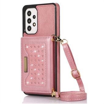 Voor Samsung Galaxy A53 5G Strass Decor Tri-fold Wallet Kickstand PU Leather Coated TPU Cover RFID Blocking Phone Case met schouderband