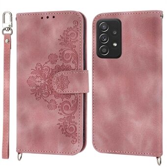 Voor Samsung Galaxy A53 5G Ondersteunende Stand Skin-touch bedrukt bloemenpatroon lederen hoes portemonnee telefoonhoes met polsband en schouderriem