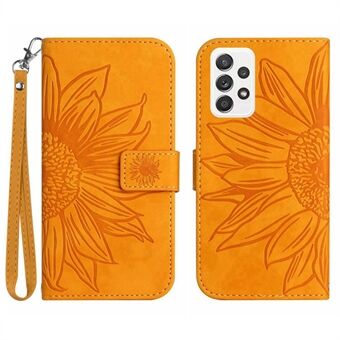 Voor Samsung Galaxy A53 5G HT04 Skin-Touch PU Leer Boek Stijl Telefoon Case Bedrukt Zonnebloem Stand Wallet Cover met Draagriem