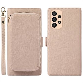 Voor Samsung Galaxy A53 5G Magnetische Afneembare Rits Card Bag 2-in-1 Litchi Textuur PU Lederen Cover Telefoon Stand Wallet Case met Riem