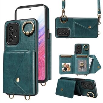 002 Voor Samsung Galaxy A53 5G kaarthouder hoesje met ring en kickstand, gemaakt van litchi textuur leer+TPU materiaal, inclusief schouderband.