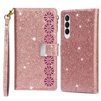 Voor Samsung Galaxy Z Fold4 5G Stijl Bling Star Laser Vakmanschap Telefoon Cover Tas Rits Portemonnee Stand Anti-slijtage Lederen Telefoon Case met Riem