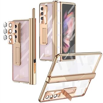 Voor Samsung Galaxy Z Fold4 5G Scharnier + Stylus Pen Ontwerp Galvaniseren Hard PC Kickstand Functie Telefoonhoes met Gehard Glas Screen Protector