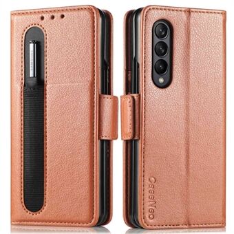 Voor Samsung Galaxy Z Fold4 5G Litchi Textuur PU Lederen Stand Wallet Cover Opvouwbare Telefoon Case met Pen Slot