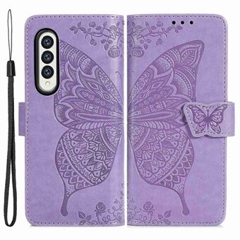 Voor Samsung Galaxy Z Fold4 5G Drop-proof Flip Cover PU Leather Book Wallet Case Bedrukt Vlinder Patroon Stand Magnetische Sluiting Telefoon Shell met Polsband