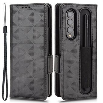 Voor Samsung Galaxy Z Fold4 5G Schokbestendig telefoonhoesje met pensleuf Driehoekspatroon bedrukt PU-leer Flip Wallet Cover Stand