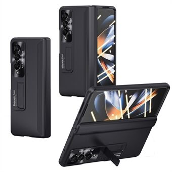 Voor Samsung Galaxy Z Fold4 5G Rubberen Pc Cover Zijscharnier Kickstand Opvouwbare Telefoon Case Met Gehard Glas screen Protector