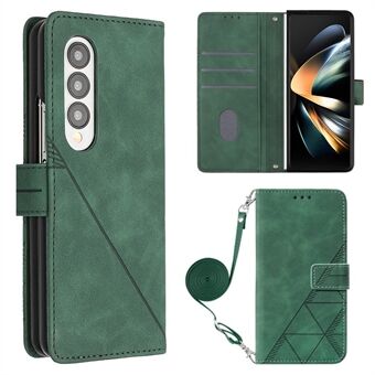 YB Imprinting Series-2 voor Samsung Galaxy Z Fold4 5G Business PU lederen hoes bedrukte lijnen portemonnee stijl flip Stand telefoonhoes met schouderriem