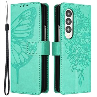 YB Imprinting Series-4 voor Samsung Galaxy Z Fold4 5G PU lederen portemonnee hoesje Magnetische sluiting Vlinder Bloem bedrukt Flip Stand Telefoonhoes met riem