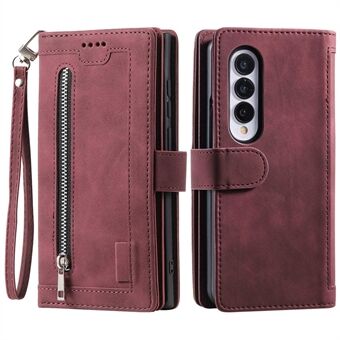 Voor Samsung Galaxy Z Fold4 5G 9 Kaarthouder Slots Rits Zak Case PU Leer Magnetische Sluiting Stand Folio Flip portemonnee Telefoon Cover met Polsband