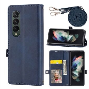 Voor Samsung Galaxy Z Fold4 5G Opgedrukt Rhombus Patroon Kalf Textuur Telefoon Case PU Leather Stand Wallet Cover met schouderband