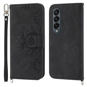 Voor Samsung Galaxy Z Fold4 5G bedrukte bloemen Skin-touch PU lederen hoes portemonnee Stand opvouwbare telefoonhoes met schouderriem