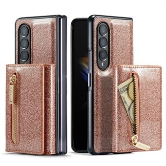 DG.MING M3-serie voor Samsung Galaxy Z Fold4 5G 2-in-1 glitterachtig PU-leer gecoat PC + TPU-achterkant van de behuizing Magnetisch afneembare portemonnee met ritssluiting Stootvaste telefoonhoes met standaard