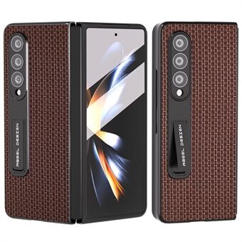 ABEEL Voor Samsung Galaxy Z Fold4 5G Vingerafdrukbestendig Telefoonhoesje Koeienhuid Leer Harde PC Kickstand Cover met Gehard Glas Film