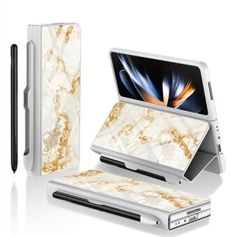 GKK Voor Samsung Galaxy Z Fold4 5G Patroon Telefoon Case PU Leer + Gehard Glas + PC Beschermhoes met Pen Slot