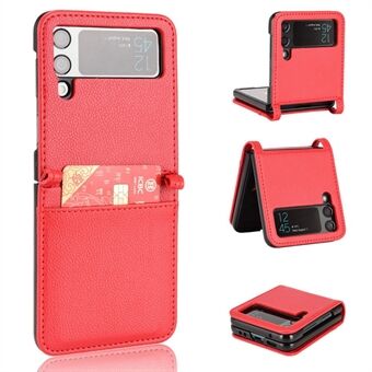 Voor Samsung Galaxy Z Flip4 5G Litchi Textuur PU Leer Gecoat PC Telefoon Case Schokbestendig Een stuk Mobiele Telefoon Cover met Card Slot