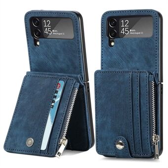 Voor Samsung Galaxy Z Flip4 5G Meerdere kaartsleuven Ritsvak Eendelig Opvouwbaar Telefoonhoesje Retro Textuur Leer Gecoat PC Kickstand Cover