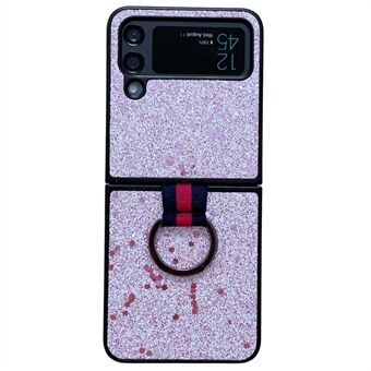 Voor Samsung Galaxy Z Flip4 5G Glitter Pailletten PU Leer Gecoat PC Anti-val Achterkant Opvouwbare Telefoon Case met Vinger Ring Houder