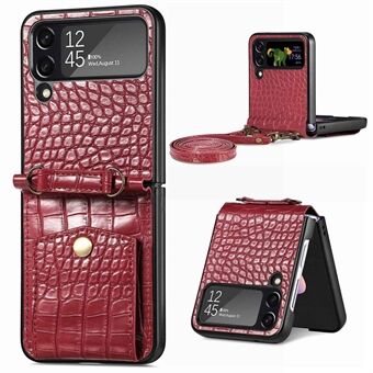 Voor Samsung Galaxy Z Flip4 5G Krokodil Textuur Leer Gecoat PC Case Kaartsleuven Portemonnee Kickstand Telefoon Cover met Schouderriem