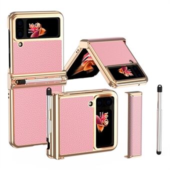 Voor Samsung Galaxy Z Flip4 5G Litchi Textuur Galvaniseren Telefoon Case Dubbel Scharnier Ontwerp Leer Gecoat PC Cover met Stylus Pen