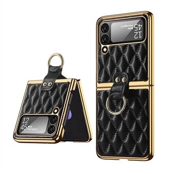 Voor Samsung Galaxy Z Flip4 5G Vinger Ring Kickstand Ontwerp Rhombus Bedrukte Electroplating Anti-val Leder Gecoate PC Case met Gehard Glas Lens Film