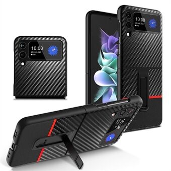 Voor Samsung Galaxy Z Flip4 5G Carbon Fiber Texture Splicing Anti Scratch Kickstand Feature Leather+PC Phone Case