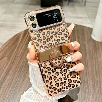 Voor Samsung Galaxy Z Flip4 5G Hoesje Luipaardpatroon Ringhouder Rhinestone Hard PC Telefoonhoesje