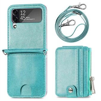 Voor Samsung Galaxy Z Flip4 5G Anti-drop telefoonhoes Schokbestendig hoesje PU-leer gecoate harde pc-hoes met lanyard / mini-portemonnee met ritssluiting