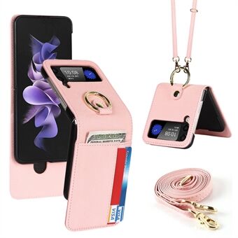 Voor Samsung Galaxy Z Flip4 5G Cross Textuur PU Lederen Kaarthouder Telefoon Case Ring Houder Kickstand Innerlijke PC Cover met Schouderriem