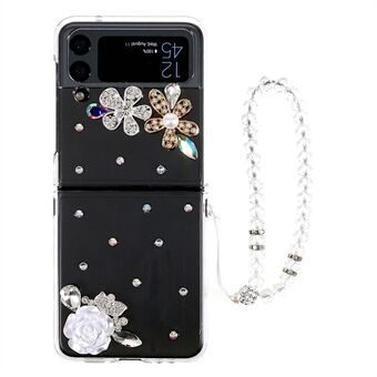 Voor Samsung Galaxy Z Flip4 5G Wit Camellia Strass Ontwerp Glitter Sparkly Cover Hard PC Anti- Scratch Telefoonhoes met Armbandriem