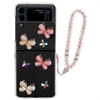 Voor Samsung Galaxy Z Flip4 5G Vlinders Strass Shiny achterkant Schokbestendig Hard PC Opvouwbare telefoonhoes met armbandriem