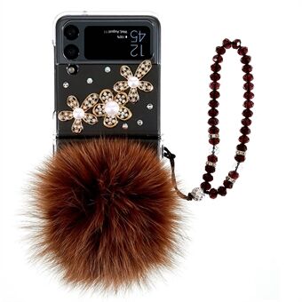 Voor Samsung Galaxy Z Flip4 5G Strass Decor Fluffy Coffee Ball Phone Case Hard PC Drop Protection Achterkant met armbandriem