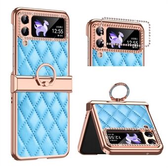 Voor Samsung Galaxy Z Flip4 5G Ring Kickstand PU Leather Coated PC Phone Case Strass Decor Galvaniseren Bedrukt Rhombus Rasterpatroon Shockproof Cover