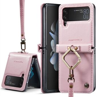 CASEME 003-serie voor Samsung Galaxy Z Flip4 5G PU-leer gecoate pc-standaardhoes wasachtige textuur telefoonhoes met afneembare Ring en handriem