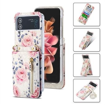 POLA Voor Samsung Galaxy Z Flip4 5G PU lederen standaard telefoonhoes Rose patroon afdrukken Rits Coin Pocket Cover met kaarthouder