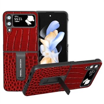 ABEEL Voor Samsung Galaxy Z Flip4 5G Kickstand Armor Cover Echt Koe Leer + PC Krokodil Textuur Telefoon Case