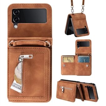 Voor de Samsung Galaxy Z Flip4 5G Kickstand-case met ritssluiting, leren hoesje met handriem en schouderriem.