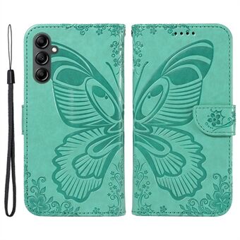 Voor Samsung Galaxy A14 5G Portemonnee Telefoonhoesje met vlinder imprint Leren Flip Cover met Strap