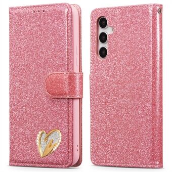 Voor Samsung Galaxy A14 4G / 5G Glanzende Leren Hoes met Diamanten Liefdeshart Portemonnee Standaard Flip Cover