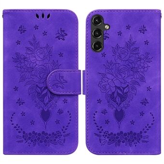 Voor Samsung Galaxy A14 5G PU lederen portemonnee telefoonhoes Rose Butterfly bedrukt magnetische sluiting Stand Folio Cover met riem