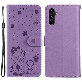 Voor Samsung Galaxy A14 5G KT Imprinting Flower Series-4 Schokbestendig telefoonhoesje met opdruk Kat en bijenpatroon PU lederen flip portemonnee cover Stand met riem