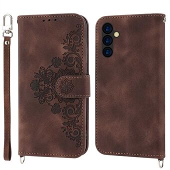 Voor Samsung Galaxy A14 5G Skin-touch bedrukte bloemen lederen tas meerdere kaartsleuven telefoonstandaard Stand cover met polsband en schouderband